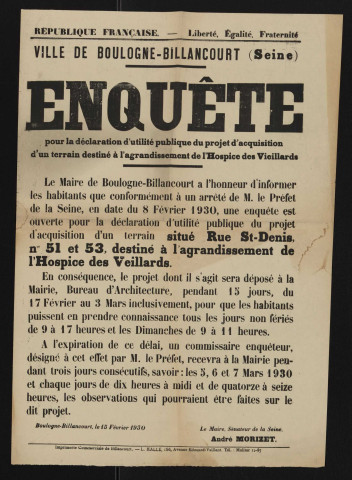 Enquête pour la déclaration d'utilité publique du projet d'acquisition d'un terrain destiné à l'agrandissement de l'hospice des vieillards,