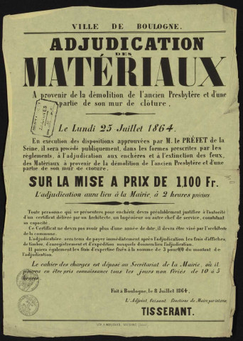 Adjudication des matériaux à provenir de la démolition de l'ancien presbytère et d'une partie de son mur de clôture,