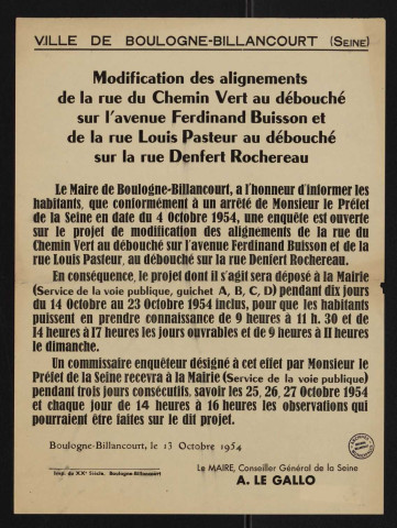 Modification des alignements de la rue du Chemin-Vert au débouché sur l'avenue Ferdinand-Buisson et de la rue Louis-Pasteur au débouché sur la rue Denfert-Rochereau ê,