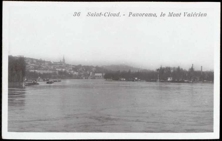 36 - Saint-Cloud - Panorama, le Mont Valérien, Boulogne-Billancourt. Saint-Cloud. le Mont Valérien . - vue panoramique - Vue panoramique avec au premier plan, la Seine. Au second plan, à gauche Saint-Cloud, au centre, le Mont Valérien et à droite Billancourt.