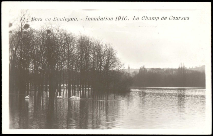 24 - Bois de Boulogne - Inondation 1910 - Le champ de courses, Paris - Bois de Boulogne. Hippodrome de Longchamp . - Crue de la Seine, janvier 1910Vue sur l'hippodrome de Longchamp inondé. Au second plan, un clocher.