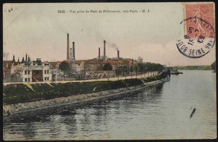 2442 - Vue prise du Pont-de-Billancourt, vers Paris. L'île Seguin et les usines Renault