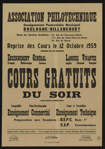 Association philotechnique : cours gratuits du soir, reprise des cours le 12 octobre 1959,