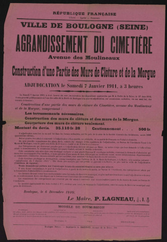 Agrandissement du cimetière (avenue des Moulineaux) : construction d'une partie des murs de clôture et de la morgue,