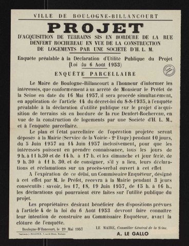 Projet d'acquisition de terrains sis en bordure de la rue Denfert-Rochereau en vue de la construction de logements par une société HLM,