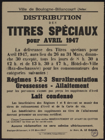 Distribution des titres spéciaux pour avril 1947,