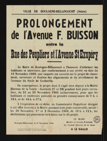 Prolongement de l'avenue F. Buisson entre la rue des Peupliers et l'avenue St-Exupéry,