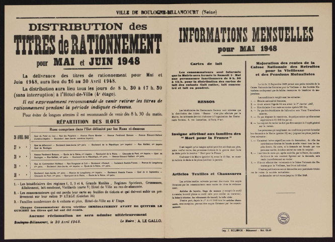 Distribution des titres de rationnement pour mai et juin 1948 ; informations mensuelles pour mai 1948,