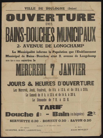 Ouverture des bains-douches municipaux 2 avenue de Longchamp [...] mercredi 7 janvier [1925],