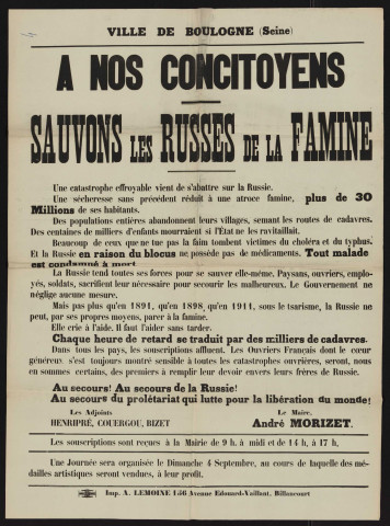 A nos concitoyens : sauvons les Russes de la famine,