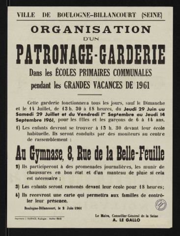 Organisation d'un patronage-garderie dans les écoles primaires communales pendant les grandes vacances de 1961,