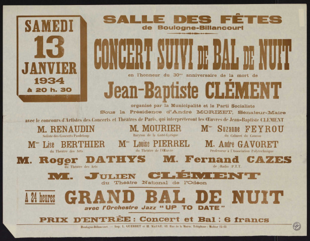 Concert suivi de bal de nuit en l'honneur du 30me anniversaire de la mort de J.B. Clément ,