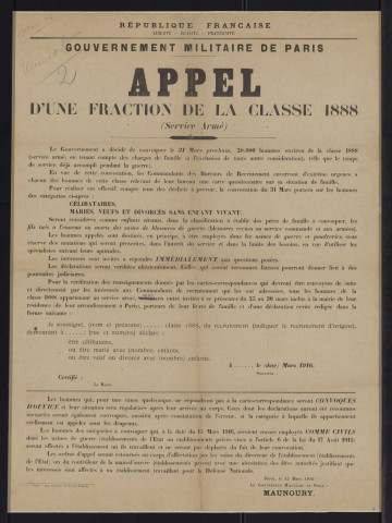 Appel d'une fraction de la classe 1888,