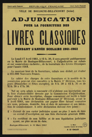 Adjudication pour la fourniture des livres classiques pendant l'année scolaire 1961-1962,