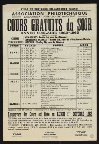 Association philotechnique : cours gratuits du soir, [horaires et lieux des cours pour l'] année scolaire 1962-1963,