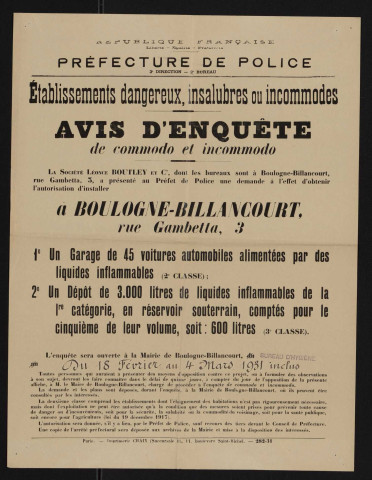 Avis d'enquête de commodo et incommodo : rue de Gambetta 3, Société Léonce Boutley et Cie : installation d'un garage de 45 voitures automobiles alimentées par des liquides inflammables et d'un dépôt de 3000 litres de liquides inflammables de la 1re catégorie.