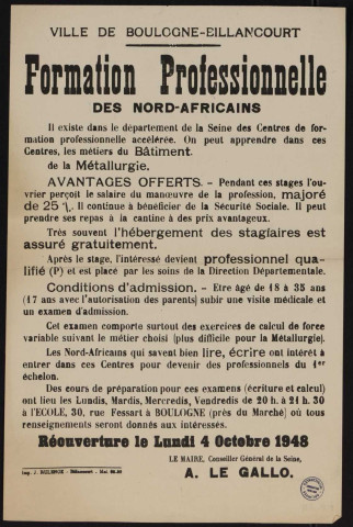 Formation professionnelle des Nord-Africains : réouverture le lundi 4 octobre 1948,