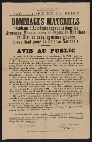 Dommages matériels résultant d'accidents survenus dans les arsenaux, manufactures et dépôts de munitions de l'Etat, ou dans les usines privées travaillant pour la Défense nationale,