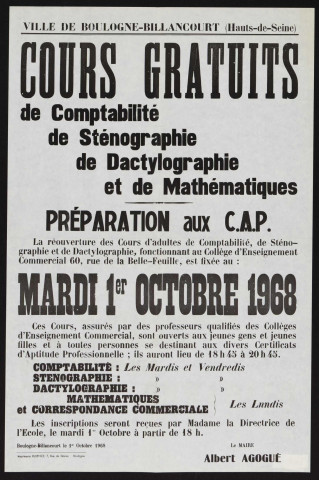 Cours gratuits de comptabilité, de sténographie, de dactylographie et de mathématiques, préparation aux CAP éè,