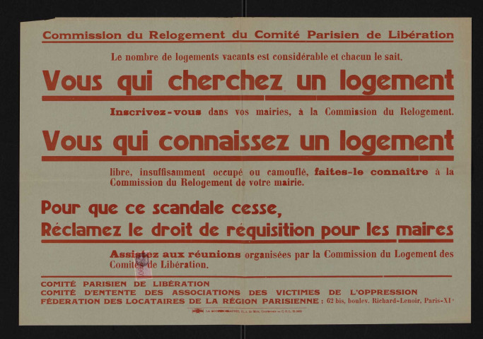 Vous qui cherchez un logement [...] vous qui connaissez un logement [...] réclamez le droit de réquisition pour les maires,