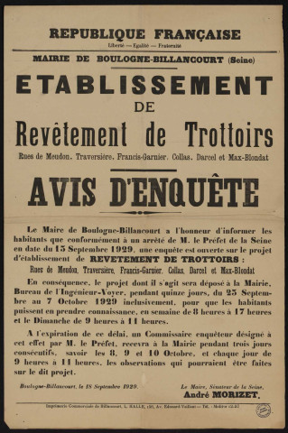 Etablissement de revêtement de trottoirs rue de Meudon, Traversière, Francis-Garnier, Collas, Darcel et Max-Blondat : avis d'enquête,