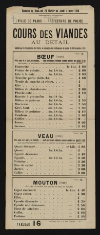 Cours des viandes ([extra]) au détail, semaine du vendredi 25 février au jeudi 2 mars 1916,