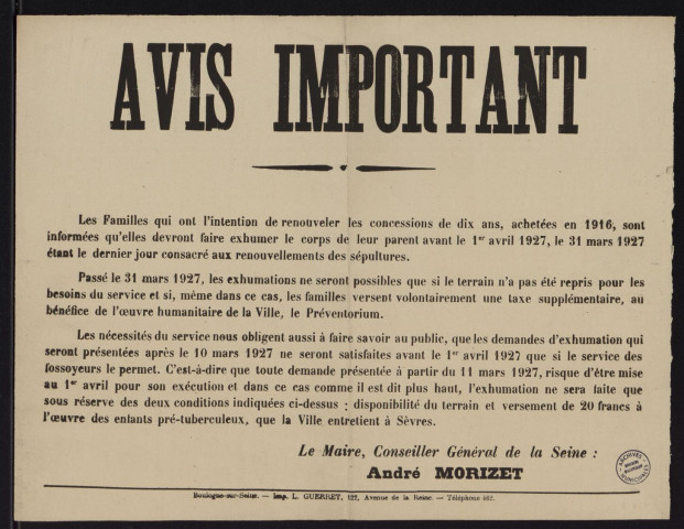 Avis important [concernant les concessions funéraires],