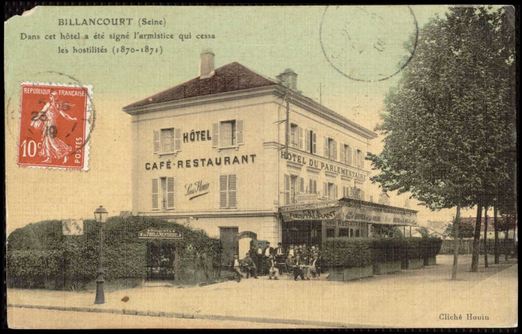 Billancourt (Seine) - Dans cet hôtel a été signé l'armistice qui cessa les hostilités (1870-1871), Boulogne-Billancourt . avenue du Général Leclerc . - Hôtel du Parlementaire -façade de l'Hôtel, café-restaurant du Parlementaire situé à l'entrée aval du pont de Sèvres