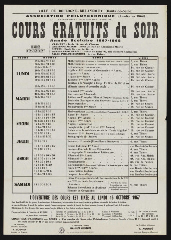 Association philotechnique : cours gratuits du soir, [horaires et lieux des cours pour l'] année scolaire 1967-1968,