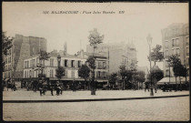 106 - Billancourt - Place Jules Guesde, Boulogne-Billancourt . place Jules Guesde . - perspectiveAu premier plan, la place Jules Guesde, des personnes sont assises sur des bancs.Au second plan, une auto-école et le café "Comptoir du Point-du-Jour"