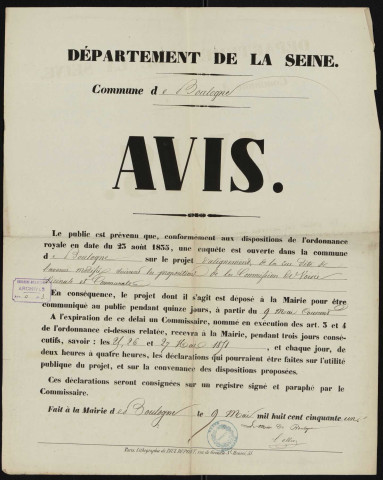 Avis [d'enquête sur le projet d'alignement de la rue dite de l'Avenue modifiée],