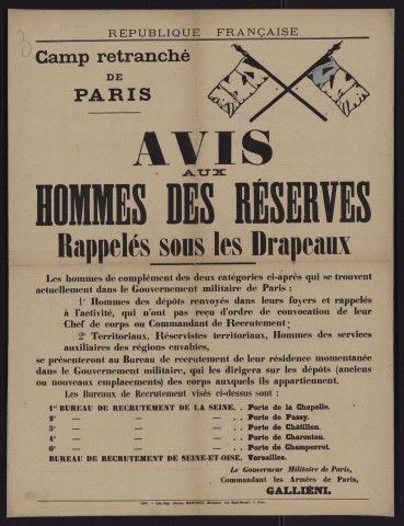 Camp retranché de Paris : avis aux hommes des réserves rappelés sous les drapeaux,