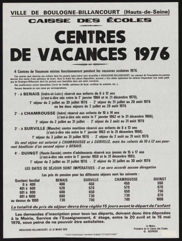 Centres de vacances, 1976,