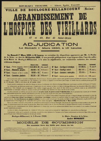 Agrandissement de l'hospice des vieillards 47 et 49 rue de Saint-Denis : adjudication,