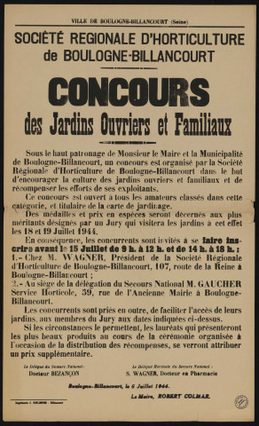 Société régionale d'horticulture de Boulogne-Billancourt : concours des jardins ouvriers et familiaux,