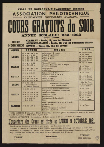 Association philotechnique : cours gratuits du soir, [horaires et lieux des cours pour l'] année scolaire 1962-1963,