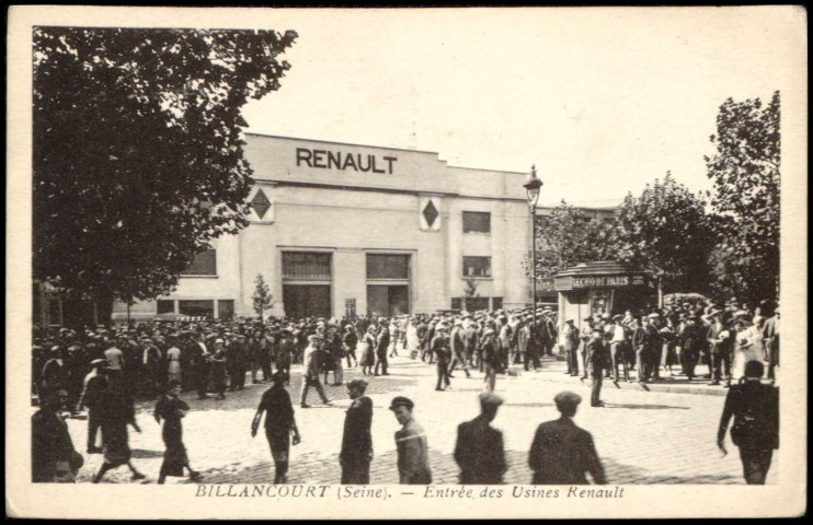 Billancourt (Seine) - Entrée des Usines Renault, Boulogne-Billancourt . place Jules Guesde . - Renault, entrée des ouvriersAu premier plan, des ouvriers de l'usine s'apprêtant à aller travailler. Au second plan, la façade de l'usine et à droite, un kiosque à journaux