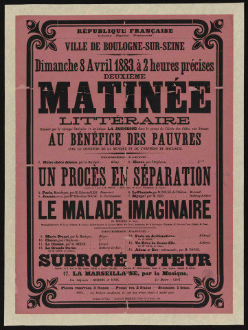 Deuxième matinée littéraire donnée par le Groupe littéraire et artistique La Jeunesse [...] au bénéfice des pauvres ,