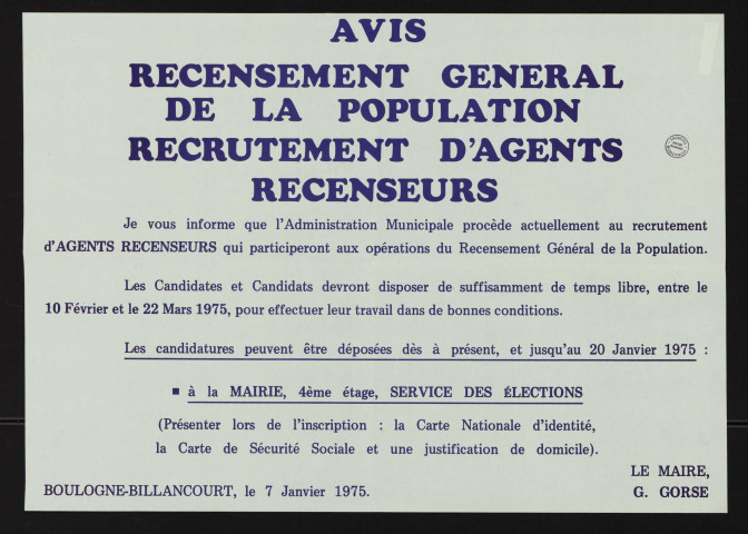 Recensement général de la population, recrutement d'agents recenseurs,