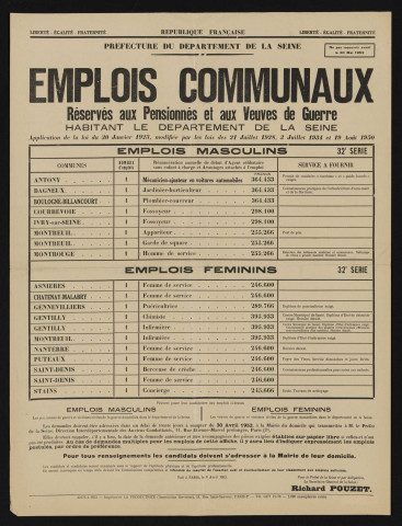 Emplois communaux réservés aux pensionnés et aux veuves de guerre habitant le département de la Seine, Recrutement à Boulogne-Billancourt d'un plombier-couvreur.