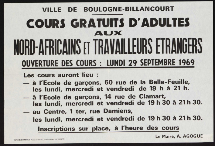 Cours gratuits d'adultes aux Nord-Africains et travailleurs étrangers : ouverture lundi 29 septembre 1969,