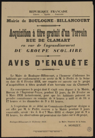 Acquisition à titre gratuit d'un terrain rue de Clamart en vue de l'agrandissement du groupe scolaire : avis d'enquête,