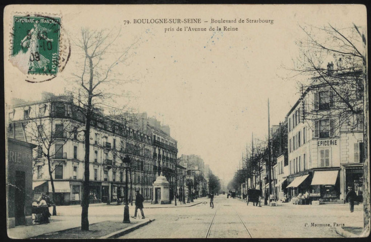 50 - Boulogne-sur-Seine - Boulevard de Strasbourg, Boulogne-Billancourt . boulevard Jean Jaurès . - perspectivele boulevard Jean Jaurès depuis la route de la Reine. Au premier plan, au centre, une automobile. A droite, une épicerie. Au secon plan, à gauche, des commerces.