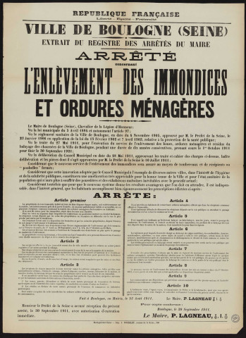 Arrêté concernant l'enlèvement des immondices et ordures ménagères,