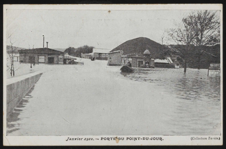 Janvier 1910 - Porte du Point-du-Jour, Boulogne-Billancourt. quartier du Point-du-Jour, octroi . - Crue de la Seine, janvier 1910Vue sur l'octroi du Point-du-Jour inondé.