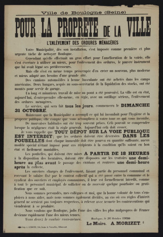 Pour la propreté de la ville : l'enlèvement des ordures ménagères,