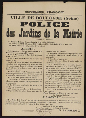 Police des jardins de la Mairie, Affiche de 1905, signée copie conforme par André Morizet en 1921.