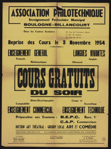 Association philotechnique : cours gratuits du soir, reprise des cours le 3 novembre 1954,