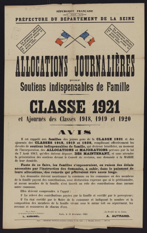 Allocations journalières et majorations pour soutiens indispensables de famille : classe 1921 et ajournés des classes 1918, 1919 et 1920,