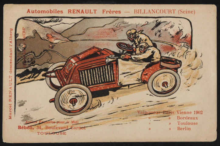 Automobiles Renault Frères - Billancourt, Marcel Renault descendant l'Alberg, dessin représentant Marcel Renault descendant l'Alberg pendant la course automobile Paris-Vienne